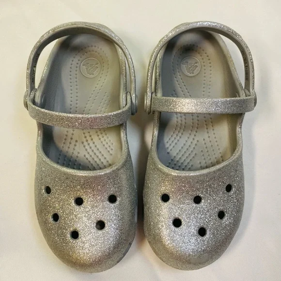 Crocs girls silver glitter sandals shoes double ankle straps Sz 13 - Picture 4 of 9
